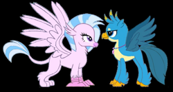 Size: 900x481 | Tagged: safe, artist:martizo, edit, gallus, silverstream, classical hippogriff, griffon, hippogriff, g4, black background, duo, female, griffonized, head swap, hippogriffied, jewelry, lidded eyes, looking at each other, looking at someone, male, necklace, recolor, simple background, species swap, spread wings, wings