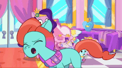 Size: 1920x1080 | Tagged: safe, edit, edited screencap, screencap, hitch trailblazer, jazz hooves, pipp petals, rocky riff, bunnisus, earth pony, pegasus, pony, rabbit, unicorn, bunnisi beauties, g5, my little pony: tell your tale, spoiler:g5, spoiler:my little pony: tell your tale, spoiler:tyts02e08, animated, coat markings, dappled, female, gigachad, grin, hit with blunt object, horn, lantern jaw of justice, male, mane melody (location), mare, oof, smiling, sound, stallion, video, webm