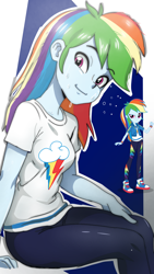 Size: 1080x1920 | Tagged: safe, artist:maxtoon24, rainbow dash, human, equestria girls, g4, my little pony equestria girls: better together, female, looking at you, outline, reference, smiling, smiling at you, solo, sweat, white outline