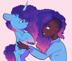 Size: 947x811 | Tagged: safe, artist:kreeeeeez, misty brightdawn, human, pony, unicorn, g5, clothes, cute, female, floppy ears, freckles, heartwarming, holding a pony, horn, human ponidox, humanized, looking at each other, looking at someone, mare, mistybetes, rebirth misty, self paradox, self ponidox, smiling, smiling at each other, sweater, unshorn fetlocks