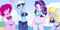 Size: 2800x1400 | Tagged: safe, artist:aokushan, fuchsia blush, lavender lace, starlight glimmer, trixie, human, equestria girls, g4, adorasexy, beach, beach shorts swimsuit, belly button, bikini, clothes, cute, eyes closed, group, happy, looking at you, midriff, ocean, one eye closed, sarong, sexy, summer, sunglasses, swimsuit, trixie's beach shorts swimsuit, water