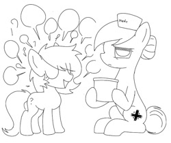 Size: 762x640 | Tagged: safe, artist:omelettepony, nurse redheart, oc, oc:filly anon, earth pony, pony, g4, coffee, coffee pot, eyes closed, female, filly, foal, hat, mare, monochrome, open mouth, simple background, sitting, speech bubble, tired, white background
