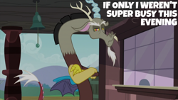 Size: 2000x1125 | Tagged: safe, edit, edited screencap, editor:quoterific, screencap, discord, draconequus, dungeons and discords, g4, season 6, crossed arms, male, solo, train station, unamused