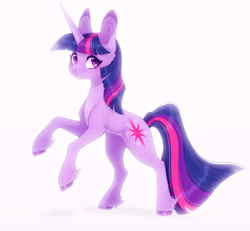 Size: 1280x1183 | Tagged: safe, artist:sararini, twilight sparkle, pony, unicorn, g4, big ears, colored hooves, ear markings, female, fetlock tuft, looking at you, mare, rearing, simple background, smiling, smiling at you, solo, unicorn twilight, white background