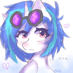 Size: 1188x1188 | Tagged: safe, artist:inxinfate, dj pon-3, vinyl scratch, pony, unicorn, g4, ..., broken hearts, bust, crying, eye clipping through hair, female, heart, hoof on chest, horn, looking at you, mare, sad, signature, simple background, solo, vinyl's glasses, white background