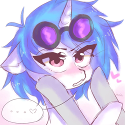 Size: 1188x1188 | Tagged: safe, artist:inxinfate, dj pon-3, octavia melody, vinyl scratch, pony, unicorn, g4, ..., blushing, bust, duo, duo female, eye clipping through hair, eyebrows, eyebrows visible through hair, female, floppy ears, heart, hooves on cheeks, horn, lesbian, mare, offscreen character, ship:scratchtavia, shipping, signature, simple background, vinyl's glasses, white background