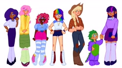 Size: 3497x1946 | Tagged: safe, artist:cloudiyeti, applejack, fluttershy, pinkie pie, rainbow dash, rarity, spike, twilight sparkle, human, g4, alternate hairstyle, applejack's hat, belly button, belt, book, boots, bracelet, cardigan, clothes, cowboy boots, cowboy hat, dark skin, denim, ear piercing, earring, female, flannel, flats, grin, hat, high heels, holding hands, humanized, jeans, jewelry, leg warmers, looking at each other, looking at someone, male, mane seven, mane six, necklace, onesie, pants, piercing, shirt, shoes, shorts, simple background, size difference, skirt, smiling, socks, stockings, striped socks, sweater, t-shirt, thigh highs, white background