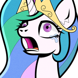 Size: 2361x2365 | Tagged: safe, artist:scandianon, princess celestia, alicorn, pony, g4, female, mare, meme, open mouth, pinpoint eyes, ponified meme, reaction image, simple background, solo, teary eyes, transparent background