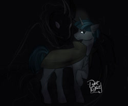 Size: 540x450 | Tagged: safe, artist:desertowlet, pony of shadows, stygian, pony, unicorn, g4, black, black background, cloak, clothes, dark, duo, frown, halloween, holiday, horn, male, raised hoof, simple background, stallion