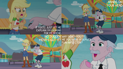Size: 2000x1125 | Tagged: safe, edit, edited screencap, editor:quoterific, screencap, applejack, stanley excelsior, equestria girls, equestria girls specials, g4, my little pony equestria girls: better together, my little pony equestria girls: rollercoaster of friendship