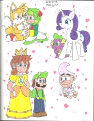 Size: 1700x2189 | Tagged: safe, artist:cmara, rarity, spike, dragon, pony, unicorn, g4, cosmo the seedrian, cupid, date, female, heart, horn, luigi, male, miles "tails" prower, princess daisy, ship:sparity, shipping, signature, simple background, sonic the hedgehog (series), sparkles, straight, super mario bros., the fairly oddparents, traditional art, white background