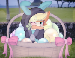 Size: 2076x1614 | Tagged: safe, artist:sodapop sprays, oc, oc:sodapop sprays, pegasus, pony, basket, bunny suit, carrot, clothes, costume, dangerous mission outfit, easter, easter basket, easter egg, food, hawaii, holiday, hoodie, looking at you, real life background, solo