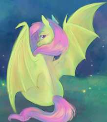Size: 1400x1600 | Tagged: safe, artist:abbytabbys, fluttershy, bat pony, pony, g4, alternate eye color, bat ponified, bat wings, colored eyebrows, detailed background, digital painting, eyebrows, female, flutterbat, grass, lidded eyes, long mane, long tail, looking at you, looking back, looking back at you, mare, narrowed eyes, night, one wing out, pink eyes, pink mane, pink tail, race swap, shiny mane, shiny tail, sitting, slit pupils, solo, spread wings, tail, wingding eyes, wings
