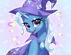 Size: 3500x2700 | Tagged: safe, artist:e-boi, trixie, pony, unicorn, g4, blue background, blue mane, blushing, cape, clothes, cute, digital art, ear fluff, eyelashes, eyeshadow, female, gem, glowing, gradient background, happy, hat, high res, hoof fluff, horn, lidded eyes, looking at you, makeup, mare, neck fluff, open mouth, open smile, pink eyes, raised hoof, signature, simple background, smiling, smiling at you, solo, sparkles, stars, teeth, trixie's cape, trixie's hat