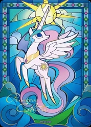 Size: 847x1192 | Tagged: safe, artist:alexia tryfon, princess celestia, alicorn, pony, series:卡游辉月四, g4, official, card, female, kayou, mare, merchandise, my little pony logo, solo, stained glass, text, trading card