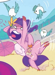 Size: 750x1009 | Tagged: safe, artist:amy mebberson, idw, official comic, kenneth, pipp petals, steven, bird, pegasus, pony, seagull, g5, my little pony: set your sail, set your sail #1, spoiler:comic, spoiler:g5comic, adorable distress, cellphone, cropped, cute, emanata, female, flying, funny background event, male, mare, phone, pipp's phone, smartphone, solo, spread wings, unshorn fetlocks, wings