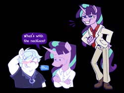 Size: 1337x1001 | Tagged: safe, artist:partyponypower, double diamond, starlight glimmer, earth pony, unicorn, anthro, plantigrade anthro, g4, arm behind head, black background, blue eyes, blue mane, blushing, button-up shirt, chubby, clothes, colored pinnae, crossed arms, dialogue, dot eyes, dress shirt, dress shoes, duality, duo, duo male and female, emanata, eye clipping through hair, eyebrows, eyebrows visible through hair, female, hand on hip, horn, jewelry, long horn, looking at something, looking away, looking to the right, male, mare, narrowed eyes, necklace, necktie, open mouth, pants, physique difference, pink coat, ponytail, purple eyes, s5 starlight, sheepish grin, shirt, simple background, smiling, speech bubble, stallion, suit, t-shirt, talking, text, thin, tied mane, two toned mane, white coat