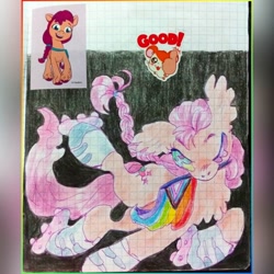 Size: 1080x1080 | Tagged: safe, artist:larvaecandy, sunny starscout, earth pony, pony, g4, g5, blue eyes, braid, braided ponytail, chest fluff, colored eyebrows, colored eyelashes, colored pencil drawing, ear fluff, female, graph paper, mare, mouth hold, no mouth, orange coat, ponytail, progress pride flag, purple mane, purple tail, roller skates, shiny mane, shiny tail, skates, skating, solo focus, sticker, tail, tied mane, traditional art, wingding eyes