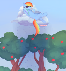 Size: 1550x1673 | Tagged: safe, artist:egirlboi, rainbow dash, pegasus, pony, g4, apple, apple farm, apple tree, cloud, drink, food, on a cloud, rain, sitting, solo, sunglasses, tree