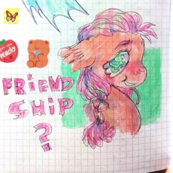 Size: 1080x1080 | Tagged: safe, artist:larvaecandy, sunny starscout, earth pony, pony, g5, blushing, braid, braided ponytail, bust, colored eyebrows, ear fluff, female, graph paper, green eyes, mare, orange coat, passepartout, pink mane, pink text, ponytail, profile, smiling, solo, sticker, text, tied mane, traditional art, wingding eyes