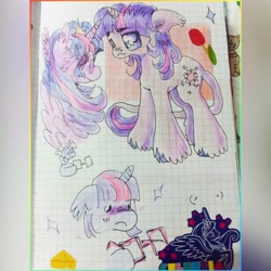 Size: 1080x1080 | Tagged: safe, artist:larvaecandy, twilight sparkle, alicorn, classical unicorn, pony, unicorn, g4, alternate eye color, blue eyes, cloven hooves, colored pinnae, colored sketch, ear tufts, eye clipping through hair, eyebrows, female, floppy ears, frown, glasses, graph paper, hoof hold, horn, leonine tail, lidded eyes, long mane, long tail, mare, multicolored mane, multicolored tail, narrowed eyes, passepartout, purple coat, purple eyes, round glasses, sketch, sketch dump, solo, sparkles, spread wings, sticker, tail, twilight sparkle (alicorn), unicorn horn, unicorn twilight, unshorn fetlocks, wings