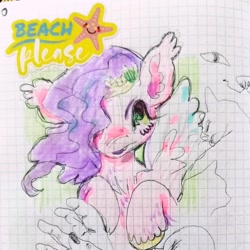 Size: 1080x1080 | Tagged: safe, artist:larvaecandy, pipp petals, pegasus, pony, g5, big ears, blushing, colored eyebrows, colored hooves, colored pinnae, fangs, female, floppy ears, graph paper, green eyes, headpiece, looking away, mare, marker drawing, open mouth, passepartout, pink coat, purple mane, raised hooves, solo, spread wings, sticker, traditional art, unshorn fetlocks, wavy mane, wingding eyes, wings