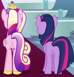 Size: 919x953 | Tagged: safe, screencap, princess cadance, twilight sparkle, alicorn, pony, g4, school raze, back of head, butt, cropped, lovebutt, plot, rear view, twibutt, twilight sparkle (alicorn)