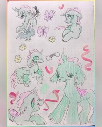 Size: 640x800 | Tagged: safe, artist:larvaecandy, ocellus, bat, butterfly, changedling, changeling, g4, border, carapace, cloven hooves, colored sketch, female, filly, flower, foal, green coat, green eyes, lidded eyes, lying down, mint coat, open mouth, open smile, pink mane, pink tail, profile, rainbow, ribbon, sketch, sketch dump, smiling, standing, sticker, tail, traditional art, wingding eyes