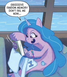 Size: 750x859 | Tagged: safe, artist:amy mebberson, idw, izzy moonbow, seapony (g4), unicorn, g5, spoiler:comic, spoiler:g5comic, bag, book, bookbag, bracelet, dialogue, dorsal fin, emanata, female, fin, fish tail, flowing mane, flowing tail, friendship bracelet, hoof hold, horn, jewelry, mane, mare, my little pony: set your sail, ocean, open mouth, open smile, pink eyes, saddle bag, scales, seaponified, seapony izzy moonbow, set your sail, sitting, smiling, solo, species swap, speech bubble, tail, teeth, underwater, unicorn horn, unshorn fetlocks, water