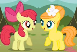 Size: 370x250 | Tagged: safe, artist:katiegirlsforever, edit, edited screencap, screencap, apple bloom, oc, oc only, oc:orange bloom, earth pony, pony, g4, season 1, the show stoppers, adorabloom, blank flank, cousins, cute, duo, female, filly, flower, flower in hair, foal, ocbetes, offspring, open mouth, open smile, parent:aunt orange, parent:uncle orange, parents:the oranges, raised hoof, raised leg, smiling