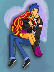 Size: 2048x2732 | Tagged: safe, artist:entropy284, flash sentry, sunset shimmer, equestria girls, g4, clothes, female, male, ship:flashimmer, shipping, sitting on lap, skirt, straight