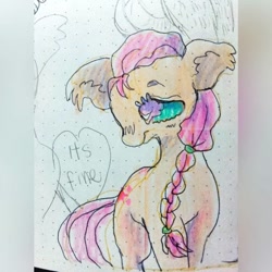 Size: 1080x1080 | Tagged: safe, artist:larvaecandy, sunny starscout, earth pony, pony, g5, alternate eye color, big ears, blue sclera, blush scribble, blushing, braid, braided ponytail, ear fluff, ear tufts, female, floppy ears, frown, heart, lidded eyes, long mane, mare, orange coat, pink mane, pink tail, ponytail, profile, purple eyes, solo, standing, tail, tied mane, traditional art