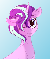 Size: 1938x2300 | Tagged: safe, artist:heavenless, starlight glimmer, unicorn, g4, bust, female, gradient background, hair over one eye, horn, looking at you, mare, one eye closed, portrait, smiling, solo