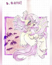 Size: 640x800 | Tagged: safe, artist:larvaecandy, fluttershy, bat, bat pony, pony, g4, alternate cutie mark, alternate eye color, bat nose, bat ponified, big ears, colored hooves, colored pencil drawing, colored pinnae, colored wings, cute, cute little fangs, ear tufts, eyelashes, fangs, female, flutterbat, flying, lidded eyes, long mane, long tail, mare, open mouth, open smile, passepartout, pink eyes, pink mane, pink tail, purple text, race swap, raised hooves, red eyes, shiny hooves, smiling, solo, spread wings, tail, text, traditional art, two toned wings, unshorn fetlocks, veiny wings, wingding eyes, wings, yellow coat
