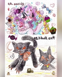 Size: 640x800 | Tagged: safe, artist:larvaecandy, pinkie pie, cat, earth pony, pony, g4, blushing, bust, candy, chewing, colored ears, cupcake, curly mane, duo, ear fluff, eating, eye clipping through hair, eyes closed, female, food, glass, hair accessory, hairclip, hoof hold, mare, pink coat, pink mne, raised hoof, smiling, sweets, thick eyelashes, traditional art, underhoof, wine glass