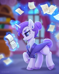 Size: 1024x1280 | Tagged: safe, artist:scheadar, rarity, pony, unicorn, g4, alternate hairstyle, alternate timeline, blurry background, carousel boutique, clothes, eyebrows, eyeshadow, female, glowing, glowing horn, horn, indoors, levitation, magic, magic aura, makeup, mare, night maid rarity, nightmare takeover timeline, notepad, paper, raised hoof, short tail, signature, solo, sparkles, tail, telekinesis, unshorn fetlocks