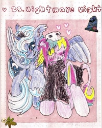 Size: 640x801 | Tagged: safe, artist:larvaecandy, princess luna, oc, oc:fluffy paws, alicorn, bat pony, pony, g4, :3, bat pony oc, blue coat, blue mane, blue tail, blush scribble, blushing, canon x oc, clothes, colored pinnae, colored sclera, colored wings, colored wingtips, costume, crown, duo, ear tufts, eye clipping through hair, fangs, female, floating heart, floppy ears, heart, hoof shoes, horn, jewelry, leonine tail, long mane, long tail, looking at each other, looking at someone, mare, missing accessory, multicolored mane, multicolored tail, nightmare night costume, one wing out, open mouth, open smile, passepartout, pink coat, princess shoes, raised hoof, red sclera, regalia, robe, s1 luna, slit pupils, smiling, smiling at each other, standing, sticker, tail, tiara, traditional art, two toned wings, unicorn horn, wings, yellow eyes