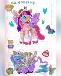Size: 640x801 | Tagged: safe, artist:larvaecandy, izzy moonbow, sunny starscout, classical unicorn, pony, umbreon, unicorn, g4, g5, alicorn costume, clothes, cloven hooves, coat markings, colored eyelashes, colored hooves, colored horn, cosplay, costume, crouching, crown, duo, duo female, ear fluff, eyes closed, fake horn, fake wings, female, floppy ears, glasses, horn, jewelry, leonine tail, mare, multicolored mane, onesie, orange coat, pink tail, pokémon, purple coat, regalia, shiny hooves, smiling, socks (coat markings), spread wings, sticker, tail, text, tiara, tongue out, traditional art, twilight sparkle costume, two toned mane, two toned tail, unicorn horn, unshorn fetlocks, wig, wings