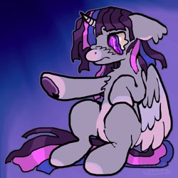 Size: 1000x1000 | Tagged: safe, artist:larvaecandy, twilight sparkle, alicorn, pony, g4, alternate color palette, alternate design, alternate hair color, alternate tail color, chest fluff, coat markings, colored belly, colored hooves, colored horn, colored muzzle, colored pinnae, colored wings, curved horn, ear fluff, female, floppy ears, frown, gradient background, hoof out, horn, long mane, long tail, looking at something, mare, missing cutie mark, multicolored mane, multicolored tail, multicolored wings, pale belly, partially open wings, profile, purple eyes, shiny mane, shiny tail, signature, sitting, socks (coat markings), straight mane, straight tail, tail, twilight sparkle (alicorn), underhoof, wingding eyes, wings