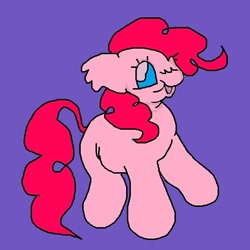 Size: 678x678 | Tagged: safe, artist:larvaecandy, pinkie pie, earth pony, pony, g4, big ears, blue eyes, colored, curly mane, curly tail, ear fluff, eyelashes, female, flat colors, floppy ears, long mane, long tail, looking back, looking to the left, mare, missing cutie mark, ms paint, open mouth, open smile, pink coat, pink mane, pink tail, profile, purple background, raised hoof, simple background, smiling, solo, standing, tail, wingding eyes