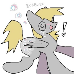 Size: 678x678 | Tagged: safe, artist:larvaecandy, derpy hooves, pegasus, pony, g4, blonde mane, blonde tail, blush scribble, blushing, bubble, colored, emanata, exclamation point, facial markings, female, flat colors, folded wings, gray coat, gray text, long mane, long tail, mare, ms paint, open mouth, open smile, raised hoof, raised leg, simple background, smiling, solo, standing, swirly eyes, tail, text, white background, wings