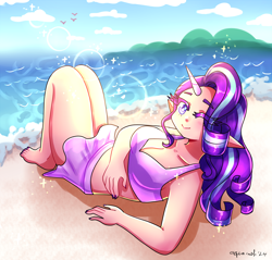 Size: 3500x3347 | Tagged: safe, artist:mylittleyuri, starlight glimmer, human, g4, barefoot, beach, blush lines, blushing, breasts, busty starlight glimmer, cleavage, clothes, elf ears, feet, female, high res, horn, horned humanization, humanized, looking at you, looking back, looking back at you, lying down, ocean, on back, one eye closed, signature, smiling, smiling at you, solo, swimsuit, water