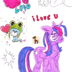 Size: 1440x1440 | Tagged: safe, artist:larvaecandy, twilight twinkle, pony, unicorn, g3, big eyes, blue text, colored pinnae, ear fluff, eye clipping through hair, female, horn, long mane, long tail, mare, marker drawing, multicolored mane, multicolored tail, no mouth, purple coat, purple eyes, red text, scan, solo, standing, sticker, straight mane, straight tail, tail, text, traditional art, unicorn horn, wingding eyes
