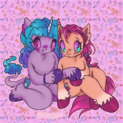 Size: 1440x1440 | Tagged: safe, artist:larvaecandy, izzy moonbow, sunny starscout, classical unicorn, earth pony, unicorn, semi-anthro, g5, :3, big eyes, blush scribble, blushing, braid, braided ponytail, chest fluff, cloven hooves, coat markings, colored hooves, colored horn, colored pinnae, colored sclera, commission, curly mane, curly tail, duo, duo female, ear fluff, eyebrows, eyebrows visible through hair, female, gradient mane, gradient tail, horn, leg fluff, leonine tail, lesbian, long mane, long tail, looking at each other, looking at someone, mare, neck fluff, no catchlights, open mouth, open smile, orange coat, patterned background, pink mane, pink tail, ponytail, purple coat, purple eyes, purple sclera, shiny hooves, shiny mane, shiny tail, ship:moonscout, shipping, signature, sitting, smiling, smiling at each other, socks (coat markings), tail, teal sclera, tied mane, unicorn horn, unshorn fetlocks, wingding eyes, ych result