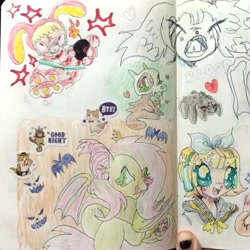 Size: 1080x1080 | Tagged: safe, artist:larvaecandy, fluttershy, bat pony, cubone, pony, spider, g4, alternate cutie mark, alternate eye color, bat nose, bat ponified, colored eartips, colored pencil drawing, colored pinnae, colored wings, ear tufts, eyelashes, fangs, female, flutterbat, green eyes, kagamine rin, mare, open mouth, open smile, passepartout, pink mane, pink tail, pokémon, popee the performer, race swap, sketch, sketch dump, smiling, spinel (steven universe), spread wings, steven universe, sticker, tail, traditional art, two toned wings, vocaloid, wingding eyes, wings, yellow coat