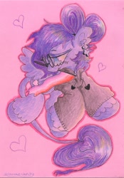 Size: 1000x1435 | Tagged: safe, artist:larvaecandy, oc, oc only, oc:vylet, pegasus, pony, blue eyes, blush scribble, blushing, bow, chibi, clothes, cross earring, curly mane, curly tail, ear piercing, earring, female, floating heart, glasses, hair bow, heart, hoodie, jewelry, leonine tail, lesbian pride flag, mare, mouth hold, ouotline, outline, pegasus oc, piercing, pink background, pride, pride flag, profile, purple coat, purple mane, purple tail, round glasses, shiny mane, shiny tail, signature, simple background, smiling, spread wings, tail, wings