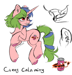 Size: 1756x1836 | Tagged: safe, artist:yuris, oc, oc only, oc:carry calamity, pony, unicorn, chest fluff, colored hooves, ear piercing, earring, ears up, eye clipping through hair, eyebrows, eyebrows visible through hair, fangs, female, horn, jewelry, lip piercing, mare, open mouth, piercing, red eyes, shoulder fluff, simple background, sketch, smiling, solo, tail, turned head, two toned mane, two toned tail, unicorn oc, unshorn fetlocks, white background