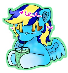 Size: 1120x1200 | Tagged: safe, artist:larvaecandy, oc, oc only, oc:general mumble, pegasus, pony, blue coat, blush scribble, blushing, bust, coat markings, colored eyelashes, colored hooves, commission, drink, drinking, ear fluff, emanata, eyes closed, gradient legs, male, no mouth, outline, pegasus oc, shiny mane, simple background, small wings, socks (coat markings), solo, stallion, tail, teal coat, two toned mane, two toned tail, underhoof, white background, wings