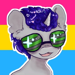 Size: 3000x3000 | Tagged: safe, artist:larvaecandy, oc, oc only, oc:phes, pony, unicorn, :3, big ears, blue mane, bust, commission, ear fluff, glasses, gray coat, horn, icon, male, open mouth, open smile, outline, pansexual pride flag, pride, pride flag, profile picture, shiny mane, short mane, smiling, solo, stallion, unicorn horn, unicorn oc