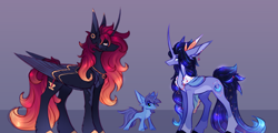 Size: 5135x2474 | Tagged: safe, artist:onyxstreak, oc, oc only, oc:onyxstreak, alicorn, crystal pony, pony, unicorn, g4, blue eyes, cape, clothes, colored, concave belly, countershading, curved horn, ear piercing, earring, family, feather, female, foal, folded wings, height difference, high res, horn, jewelry, large wings, long horn, male, mare, physique difference, piercing, ring, simple background, simple shading, sketch, sparkles, stallion, trio, wings